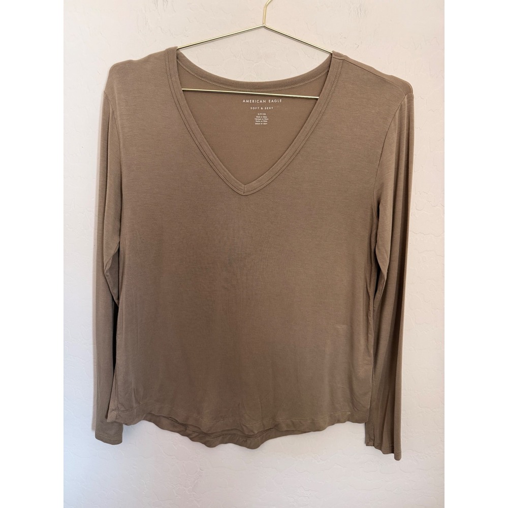 American Eagle Soft & Sexy V-Neck Long Sleeve Top Taupe Earth Tone Top Sz S